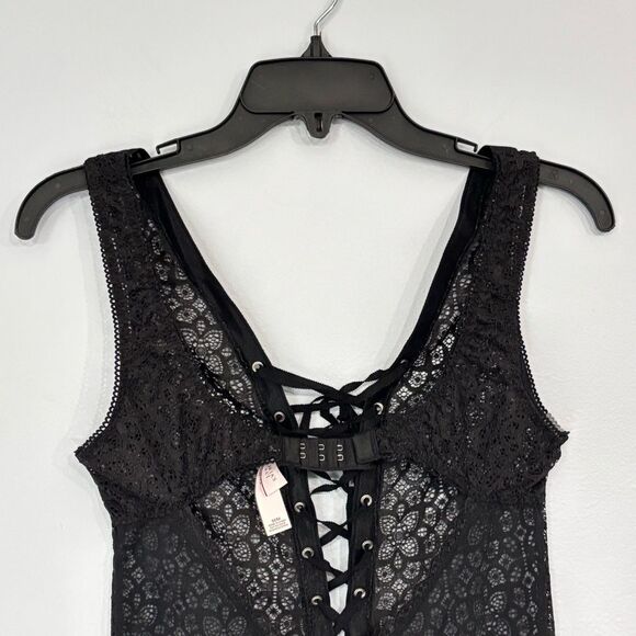 Victorias Secret | Dream Angels Sheer Black Lace Up Thong Teddy Bodysuit Medium - Picture 10 of 16